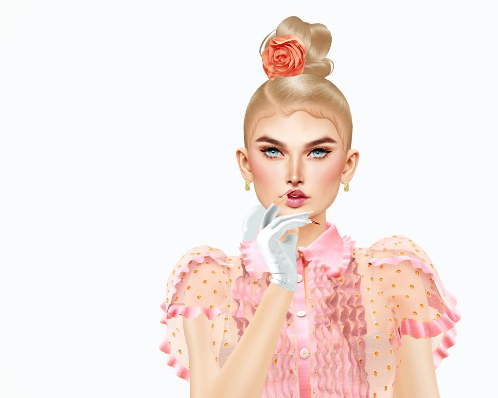 A fair-skinned, blonde avatar with a flower in her hair.